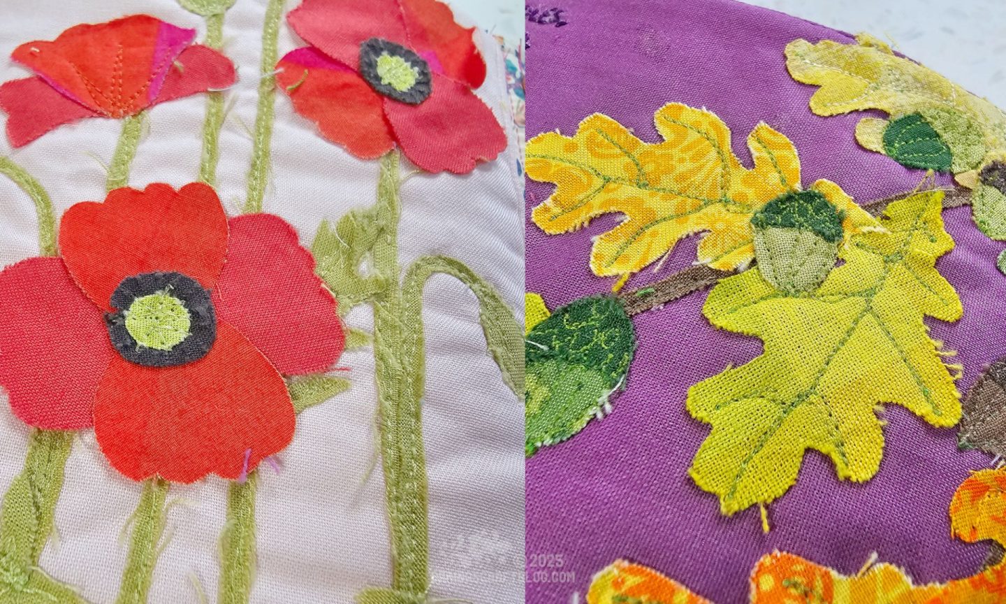 Photo collage with two images. On the left is a close up of red poppies appliquéd on light pink fabric. On the right are oak leaves and acorns appliquéd on a dark purple background.